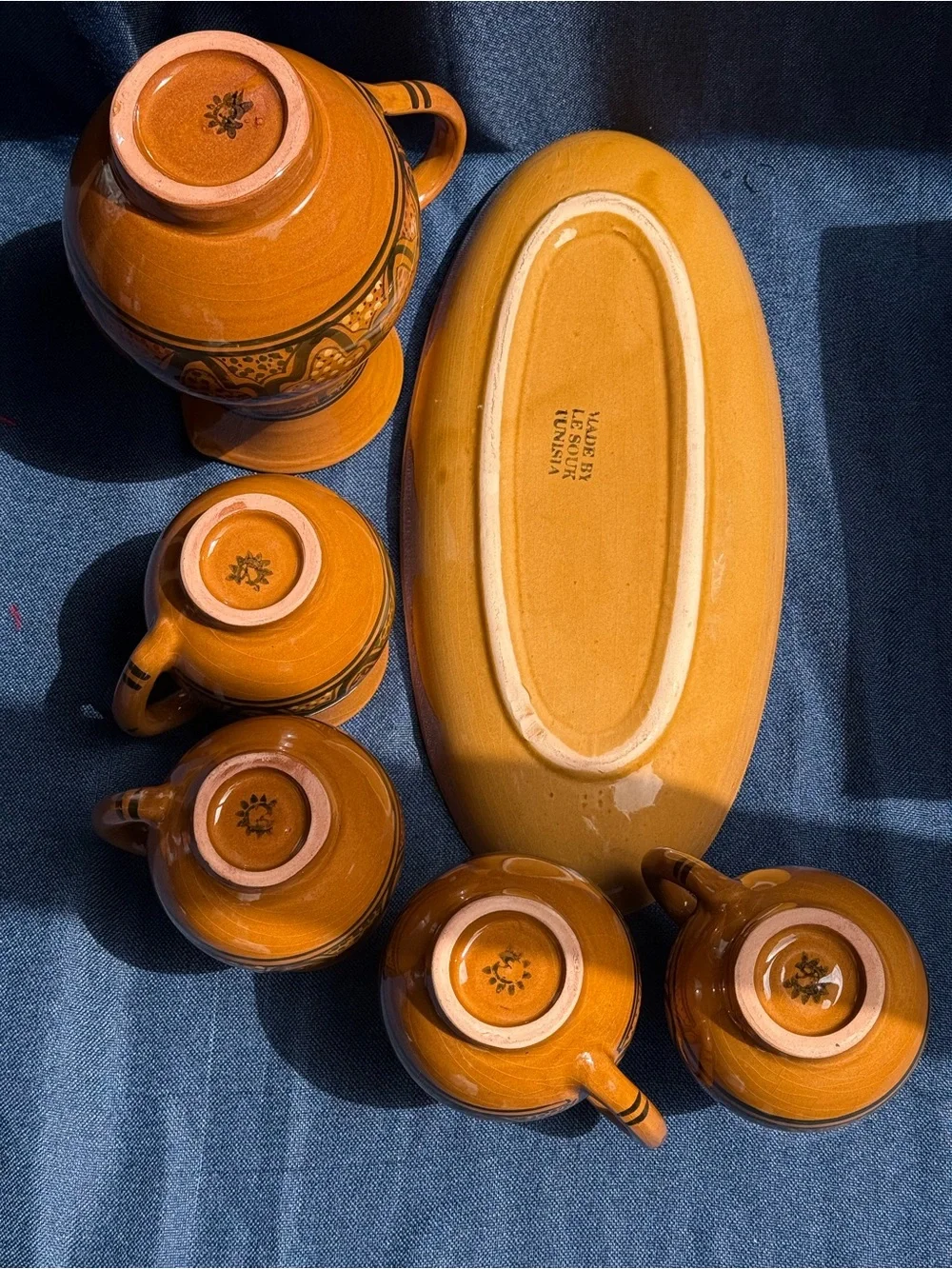 Vintage 1997 Le Souk Tunisia Hand Painted Pottery Espresso Coffee Tea Set 6 Pc
